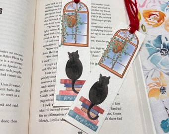 Cute cat bookmark, black cat bookmark, gift for her, gift for cat lover, bookmark with tassel, bookish gifts, bookworm, animal bookmark