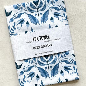 Blue folklore inspired 100% cotton flour sack tea towel, kitchen towel, absorbent towel, lint free, unique fabric design