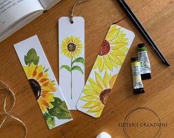 Set of 3 sunflower bookmarks, watercolor bookmark, watercolor sunflower, book lovers gift, handmade bookmarks, floral bookmark