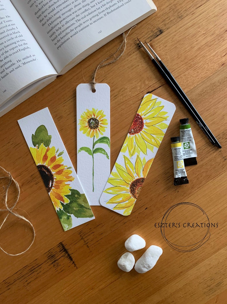 Set of 3 sunflower bookmarks, watercolor bookmark, watercolor sunflower, book lovers gift, handmade bookmarks, floral bookmark 