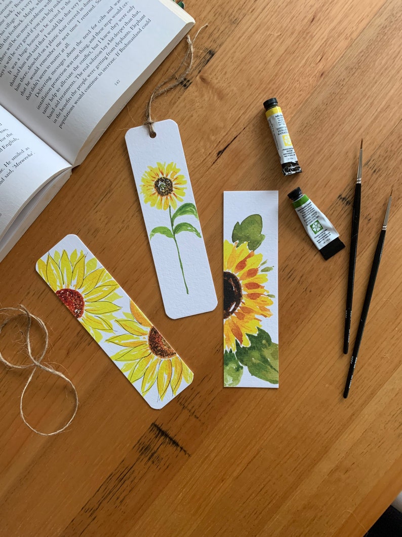 Set of 3 sunflower bookmarks, watercolor bookmark, watercolor sunflower, book lovers gift, handmade bookmarks, floral bookmark image 2