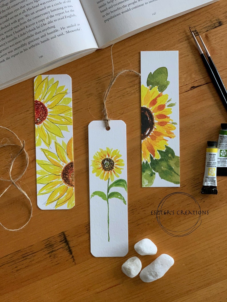 Set of 3 sunflower bookmarks, watercolor bookmark, watercolor sunflower, book lovers gift, handmade bookmarks, floral bookmark image 3