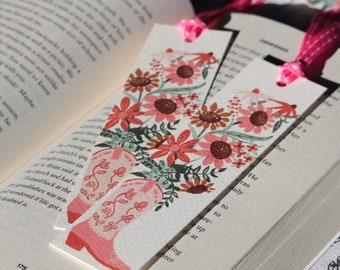 Pink cowgirl boots bookmarks with wildflowers, gift for her, gift for mum, bookmark with tassel, bookish gifts, bookworm, cute bookmark