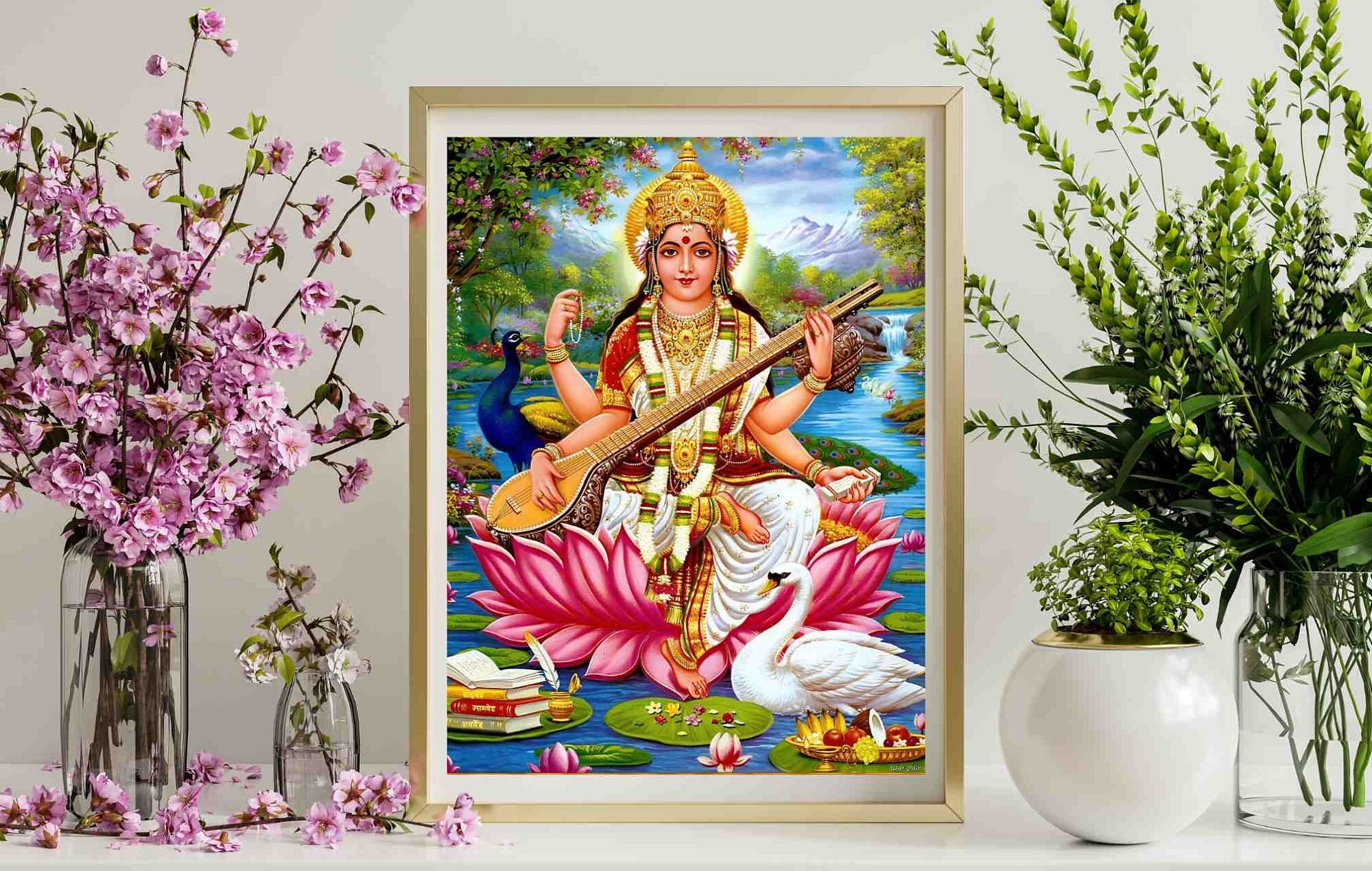 Koshtak Saraswati Mata with Mantra & Sitar on Lotus Photo Frame with