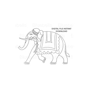 May include: A black and white line drawing of an elephant wearing a decorative headdress and a patterned cloth draped over its back. The elephant is walking with its trunk raised.