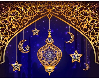 Muslim Ramadan Backdrop/ Mosque Golden Arch Moon Stars Lanterns Islamic Backdrop/ Islamic Pray Eid Mubarak Holiday backdrop - 7X5 Feet