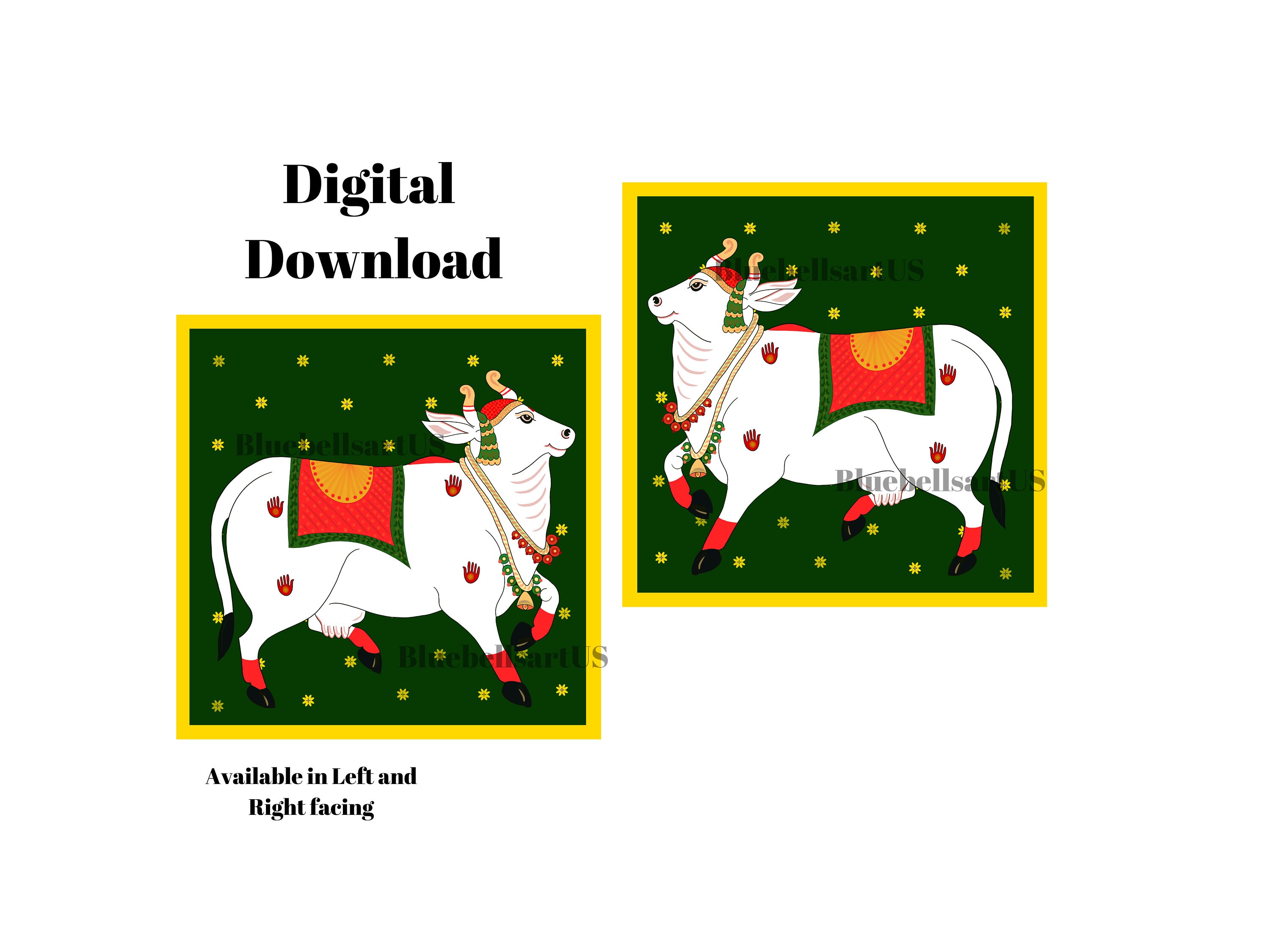 Pichwai Kuh mit Schal Digital File, JPEG, Instant Download File, Pichwai Kuh mit Schal Sofort Digitaler Download, Gruhapravesam Kühe