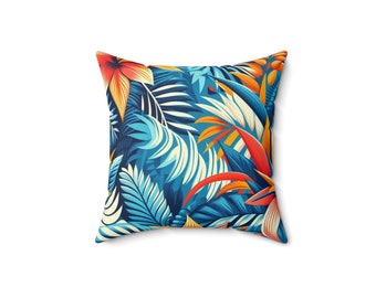 Blue Tropical Square Pillow - Decorative Pillow - Flower Design - Blue Unique Pillow, Home & Living Pillows, 14" by 14"