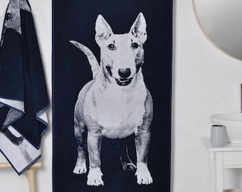 Blue cotton beach towel with Bull Terrier, Blue beach towel, Christmas Gift Idea, Dog lover gift, dog Portrait towel, Bull Terrier gift