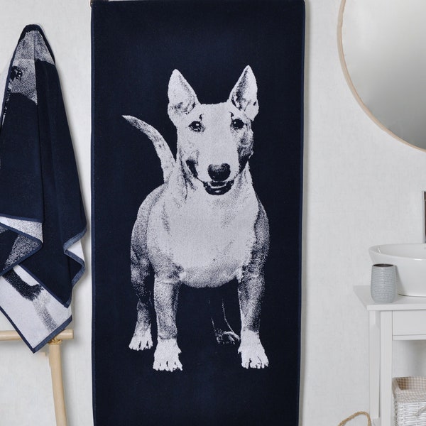 Blue cotton beach towel with Bull Terrier, Blue beach towel, Christmas Gift Idea, Dog lover gift, dog Portrait towel, Bull Terrier gift