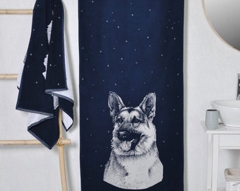 Blue Cotton bath towel 150x67cm with German Shepherd large beach towel for all dog lovers. 59x26 inches towel gift in memory of the dog.