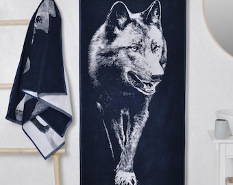 Wolf Cotton Beach Towel, Blue Woven Design (59x26 inches)