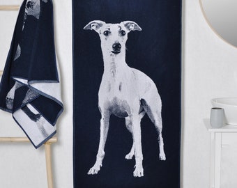Serviette de bain en coton bleu 150x67cm avec grande serviette de plage Whippet pour tous les amoureux des chiens. Cadeau de serviette de 59x26 pouces à la mémoire du chien.