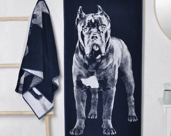 Blue cotton beach towel with Italian Mastiff&#39;s - Cane Corso, Blue beach towel, Christmas Gift Idea, Dog lover gift, dog Portrait towel