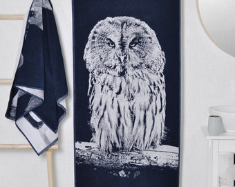 Owl Beach Towel: Blue Woven Cotton, Large 59x26 Inches