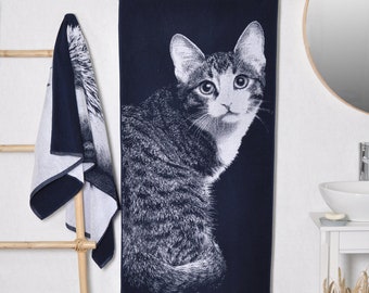 Home cat bath towel, blue beach towel, Gift for HOME cat Lovers, Woven cotton towel, Cat Towel, Cat Lover Gift, Birthday gift idea