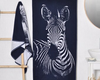 Zebra Beach Towel: Blue Woven Cotton, Animal Print (59x26 inches)