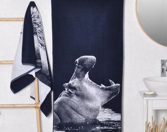 Hippo Beach Towel: Woven Blue Cotton, Animal Lover Gift (59x26 inches)