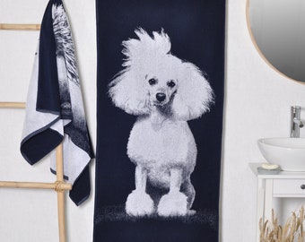 Mini Poodle Bath Towel: Blue Cotton Beach Towel, Dog Lover Gift