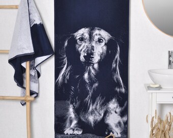 Long Haired Dachshund Bath Towel: Blue Cotton Dog Lover Gift