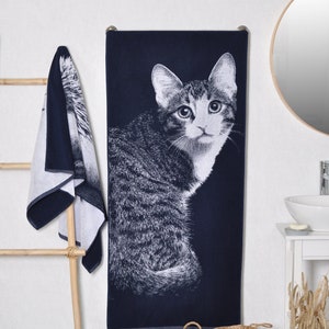 Toalla de baño para gato casero, toalla de playa azul, Regalo para amantes de los gatos CASEROS, Toalla tejida de algodón, Toalla para gatos, Regalo para amantes del gato, Idea de regalo de cumpleaños
