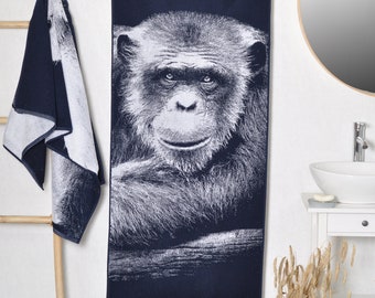 Monkey Beach Towel: Woven Blue Cotton, Animal Lover Gift (59x26 inches)