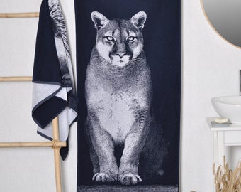 Blue Cotton Beach Towel: Puma Wildlife Design (59x26 inches)
