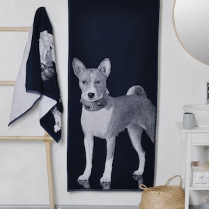 Basenji Dog Portrait Towel: Blue Cotton Bath or Beach Towel