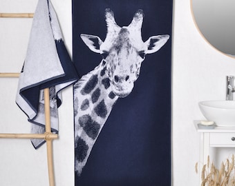 Giraffe Beach Towel: Blue Woven Cotton, Animal Lover Gift (59x26 inches)