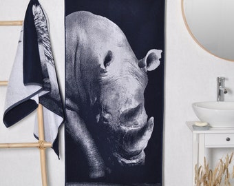 Rhino Beach Towel, Blue Woven Cotton, Wildlife Gift (59x26 inches)