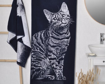 Striped cat bath towel, blue beach towel, Gift for home cat Lovers, Woven cotton towel, Cat Towel, Cat Lover Gift, Birthday gift idea