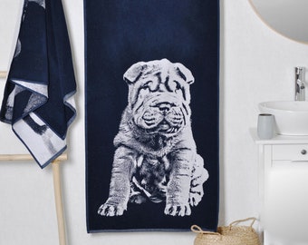 Blue cotton bath towel with Shar Pei dog, Blue beach towel, Christmas Gift Idea, Dog lover gift, dog Portrait towel, Shar Pei gift
