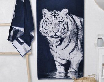 Woven Tiger Beach Towel: Blue Cotton, Large Size (59x26 inches)
