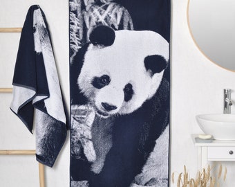 Panda Beach Towel: Woven Blue Cotton, Animal Lover Gift (59x26 inches)