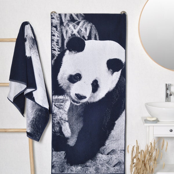 Panda towel, woven blue beach, pool towel, High quality cotton towel, large beach towel, 59x26 inches animal lovers gift, gift idea