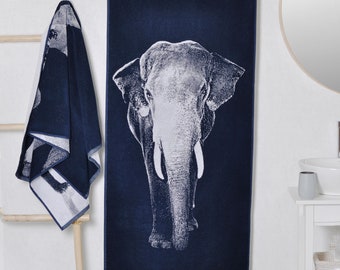Elephant Beach Towel: Woven Blue Cotton, Large Pool Towel (59x26 inches)