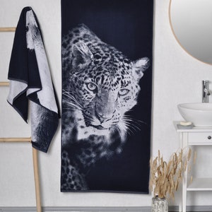 Leopard towel, woven blue beach, pool towel, High quality cotton towel, large beach towel, 59x26 inches animal lovers gift, gift idea