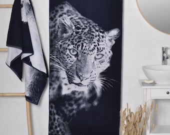 Leopard Beach Towel: Blue Woven Cotton, Animal Print (59x26 inches)