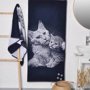Toalla de baño familiar para gatos, toalla de playa azul, Regalo para amantes de MAINCOON, Toalla tejida de algodón, Toalla para gatos, Regalo para amantes de los gatos, Idea de regalo de cumpleaños