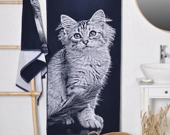 Siberian Cat Bath Towel: Blue Woven Cotton, Kitten Lover Gift