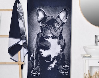 French Bulldog Bath Towel: Blue Cotton Dog Lover Gift (59x26 in)