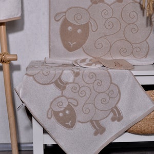Cotton towel for children with three sheep , Soft beach terry towel, Sheep bath towel, pretty woven bathroom decor, eco-friendly towel