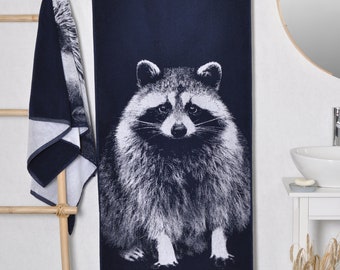 Raccoon towel, woven blue beach, pool towel, High quality cotton towel, large beach towel, 59x26 inches animal lovers gift, gift idea