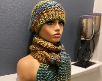 Homespun "Painted Desert" Knit Beanie and Scarf set (may also buy separately!) - Open-Ended or Infinity Styles! (Add a Pom FREE)