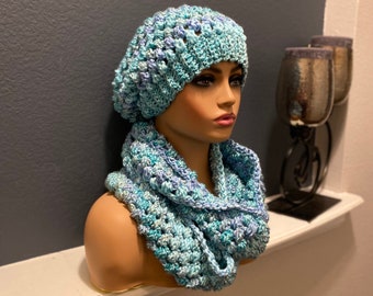 "Hausgesponnenes "Waterfall" Puff Stitch Mütze und Schal Set (kann auch separat kaufen!) - Open-Ended oder Infinity Styles! (Füge einen Pom KOSTENLOS hinzu)