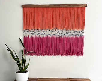 SUNSET VALLEY - Mid-Century Modern Macrame Wall Hanging - Orange, Fuschia & Blue