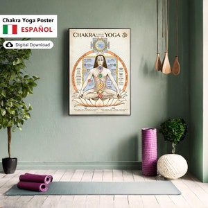 May include: A printable poster with a detailed illustration of the seven chakras, including their names, colors, and associated elements. The poster features a yogi in a lotus pose with the chakras depicted on their body. The poster is titled "Chakra Yoga" and includes the Sanskrit symbol Om.