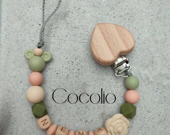 Pacifier chain personalized green-beige-apricot