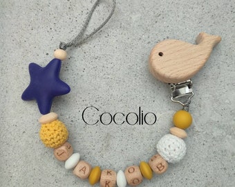 Pacifier chain personalized blue/white/mustard yellow