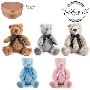 May include: Five plush teddy bears in different colours: brown, grey, beige, blue, and pink. Each bear has a black ribbon tied around its neck with the text "Teddie & Co" printed on it. The bears are sitting on a white background. Includes: Urn Tin.